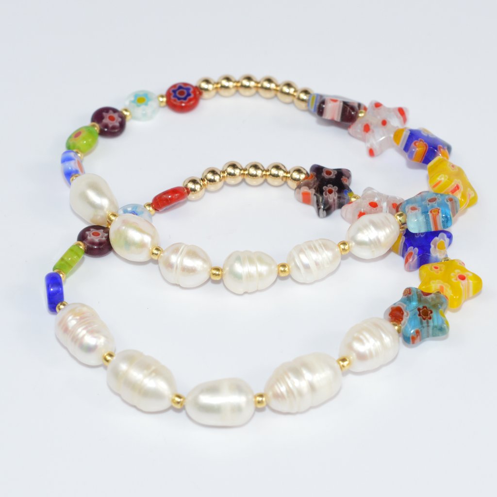 Millefiori Glass Freshwater Pearl Beaded Bracelets